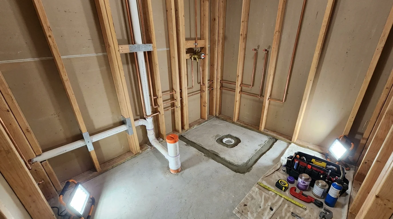Bathroom rough-in plumbing during remodel by Johns Plumbing LLC in Hampton Falls