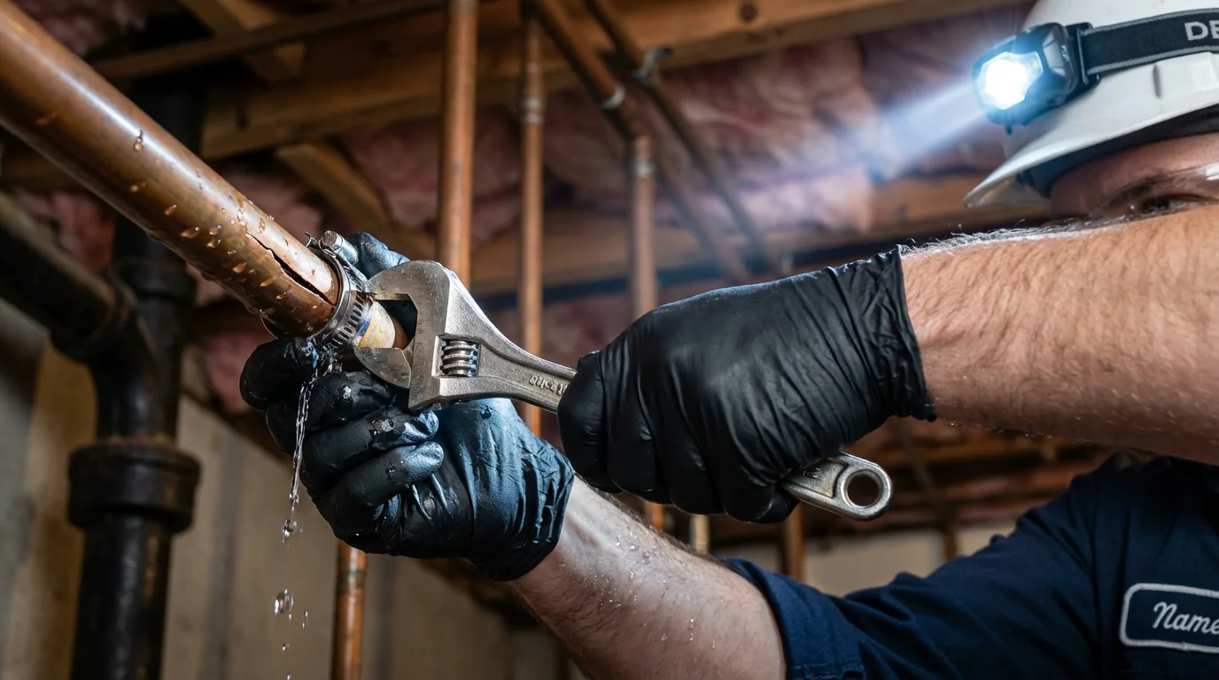 Emergency pipe clamp repair being performed by a Johns Plumbing LLC plumber in Hampton Falls