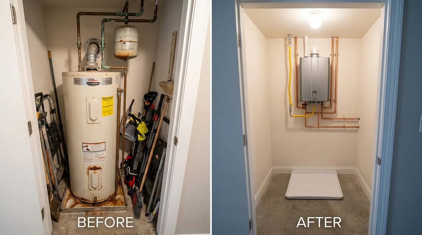 Tank water heater versus wall-mounted tankless unit comparison for Hampton Falls, NH homeowners