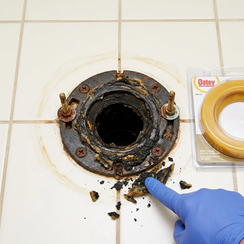 Failed wax ring showing water seepage at the base of a toilet in a Hampton Falls, NH home