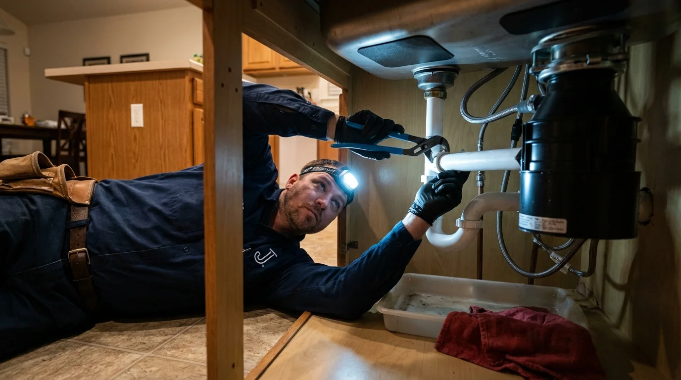 P-trap and supply line connections under a kitchen sink showing a common leak point in Hampton Falls, NH